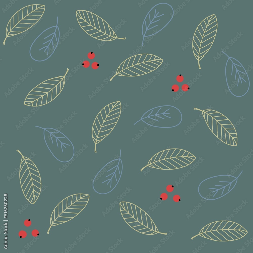Seamless pattern of leaves and twigs, hand-drawn, black outline on beige background, endless pattern, for printing on fabric, textiles, packaging paper and web resources Seamless pattern of leaves and twigs, hand-drawn, black outline on beige background, endless pattern, for printing on fabric, textiles, packaging paper and web resources