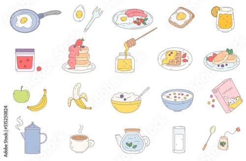 Set of doodle elements for breakfast. Egg, fruit, pancakes, juice, flakes, sausage, coffee, tea, jam.