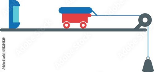 Newton's First and Second Laws experiment.
Experiment with carts to verify the Inertia and Dynamics Laws. A cart being pulled by a mass. 
Isolated vector illustration. photo