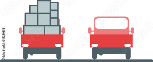 A truck with a full and empty trunk. Equilibrium and center of gravity representation. Isolated vector illustration of examples of higher and lower state of equilibrium.