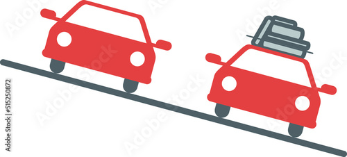 A car with and without suitcases on the roof. Equilibrium and center of gravity representation. Isolated vector illustration of examples of higher and lower state of equilibrium.