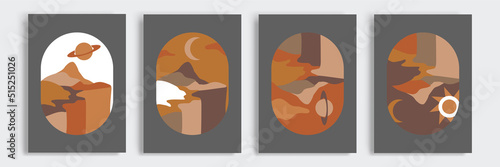 Vector illustration in simple boho abstract print - simple natural landscape with mountains and hills