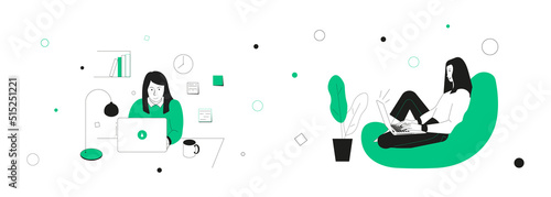 Girl studying at home online at the laptop. Online education landing page template. Student taking online courses flat vector illustration...