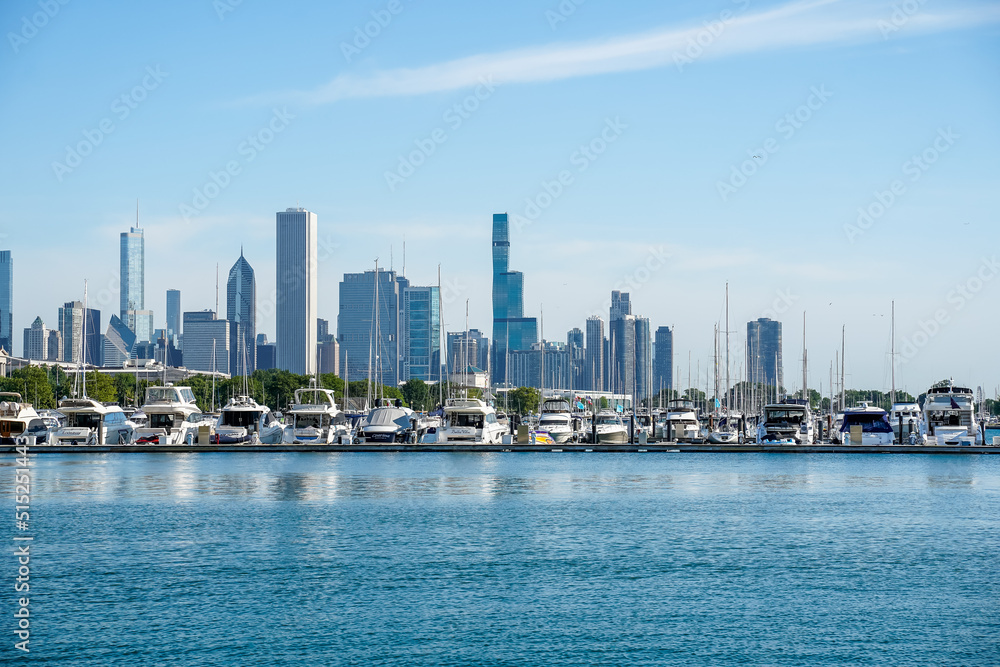 Cityscape view from a bike trail at the McCormick Place in Chicago, Illinois. Lake Michigan, landscape. Boat marina.