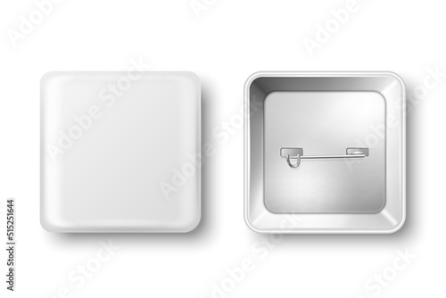 Vector 3d Realistic Square White Metal Blank Empty Button Badge Icon Isolated. Button Pin Badge. Glossy Brooch Pin. Top View - Front and Back Side. Template for Branding, Mock-up