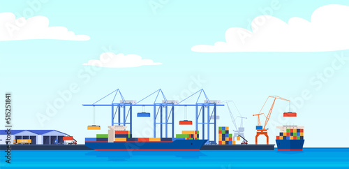Fototapeta Naklejka Na Ścianę i Meble -  Cargo port for unloading containers from ships. International trade. Vector illustration