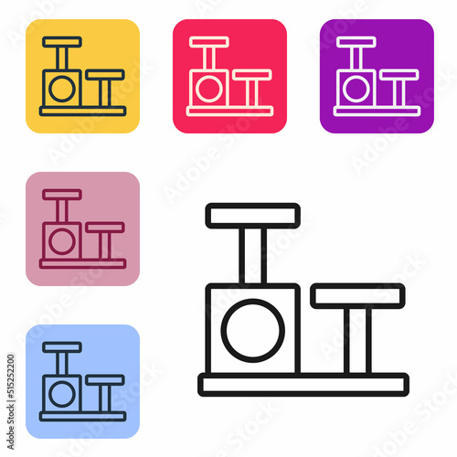 Black line Cat scratching post with toy icon isolated on white background. Set icons in color square buttons. Vector