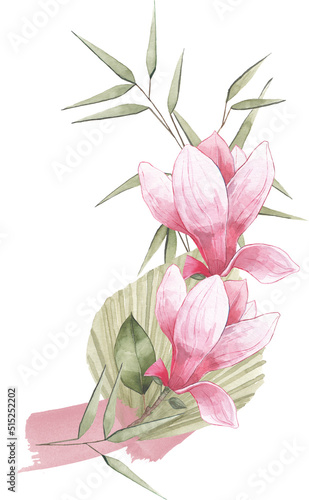 pink magnolia flower blossom bouquet composition leaves bamboo watercolor palm leaves tropical asian wreath