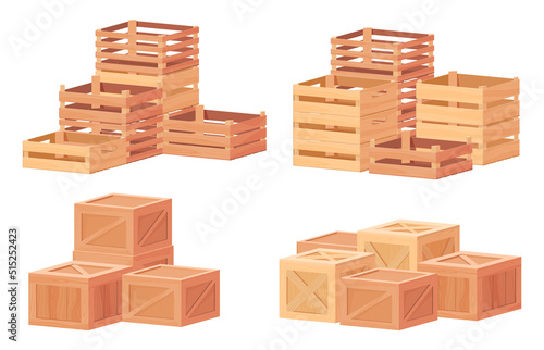 Different types of wooden boxes. Boxes for storage of various substances. Vector illustration