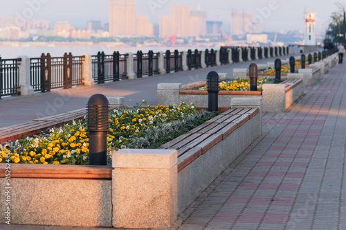 Photography Morning red light of the sun on the river embankment with flower beds