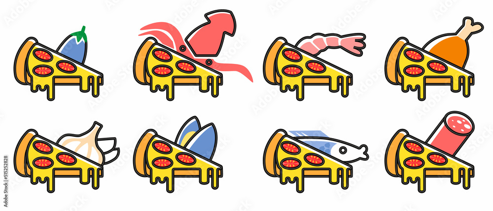Vector isolated illustration with a set icons of different types of pizzas. It can be used in web design, banners, etc. Vector isolated illustration with a set icons of different types of pizzas. It can be used in web design, banners, etc.