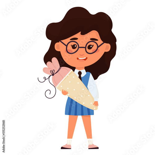 Girl with school cones. cheerful schoolgirl holds traditional bag with sweets. Beginning of school year, back to school concept. Editable vector illustration, isolated cartoon character
