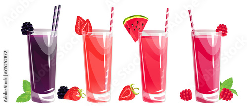 A set of berry juices.Raspberry, watermelon juice, strawberry and blackberry juices in tall glasses.Summer refreshing drinks with ripe berries.