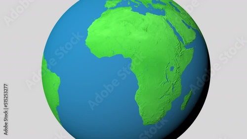 Seamless looping animation of the earth zooming in to the 3d map of Rwanda with the capital and the biggest cites in 4K resolution photo