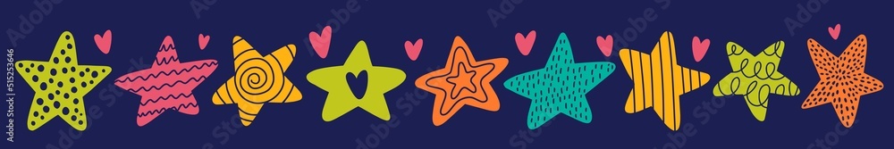 Fototapeta premium Horizontal children's pattern with sea stars drawn by hand