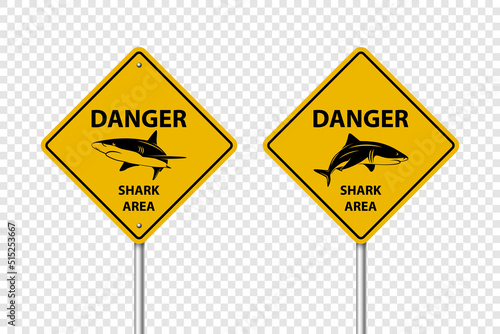 Vector Yellow Shark Sighting Sign Set Isolated. Shark Attack Warning. Danger for Surfing and Swimming. Shark Zone, Area, Caution
