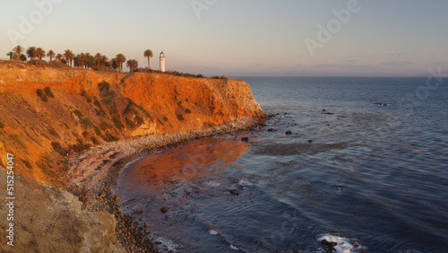 Panoramic image of the vintage Point Vicente Lighthouse in Rancho Palos Verdes shown at dusk.