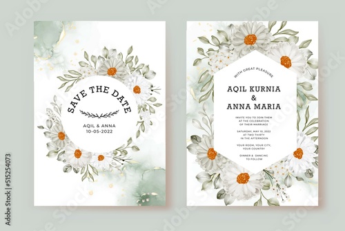 Wedding invitation template with daisy white and greenery leaves watercolor