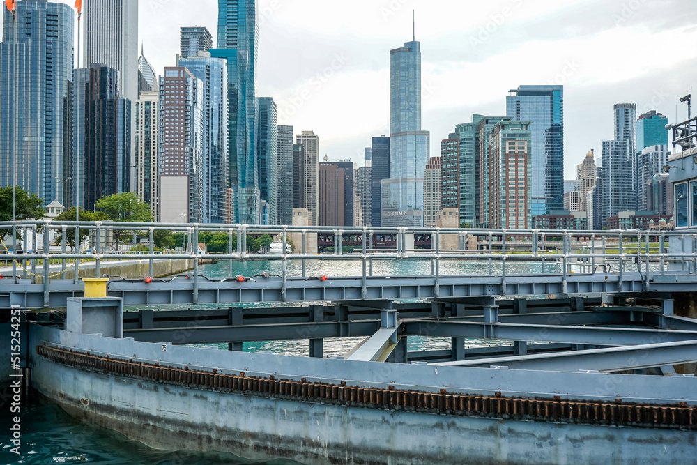 Chicago, Illinois, USA, July 1, 2022. View of the city from a riverboat cruise. Chicago River Lock.