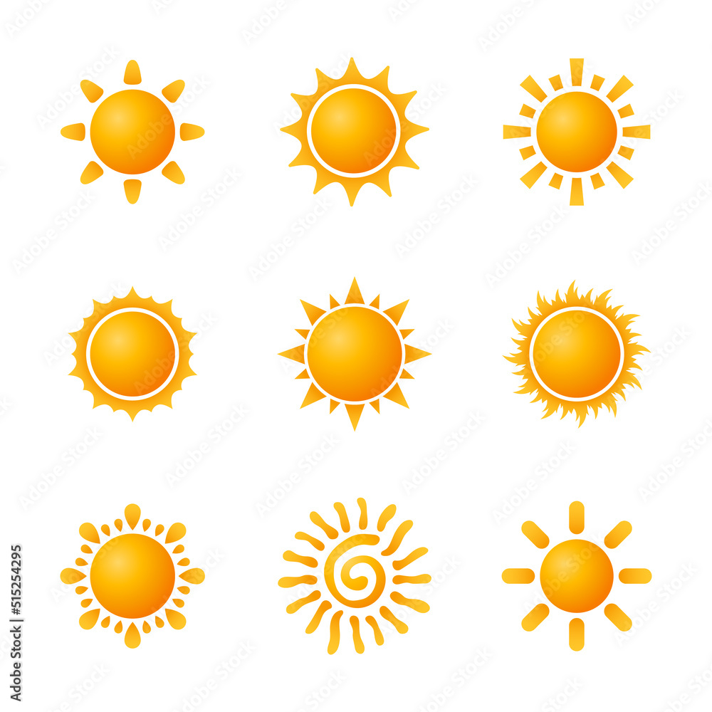 Sun symbol set. Nine Yellow and orange suns design. Vector illustration. Sun symbol set. Nine Yellow and orange suns design. Vector illustration.