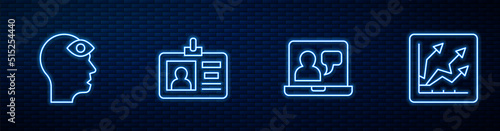 Set line Online education, Man with third eye, Identification badge and Financial growth increase. Glowing neon icon on brick wall. Vector