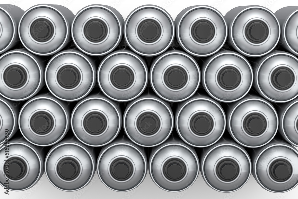 Set of spray paint cans in row on white background. Spray bottle and dispenser Set of spray paint cans in row on white background. Spray bottle and dispenser