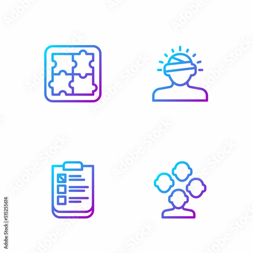 Set line Schizophrenia, Psychological test, Solution problem in psychology and Concussion, headache. Gradient color icons. Vector