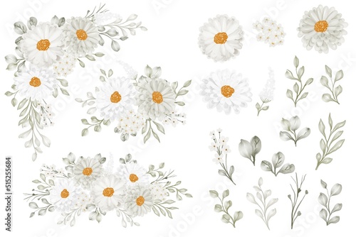 daisy flower arrangement and flower leaves isolated clip art