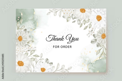 Thank you card template with daisy white and greenery leaves watercolor