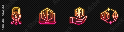 Set line NFT Digital crypto art, Cyber security, Laptop with store app and Ethereum exchange. Glowing neon icon. Vector
