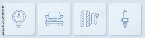 Set line Tire pressure gauge, Car and spark plug. White square button. Vector