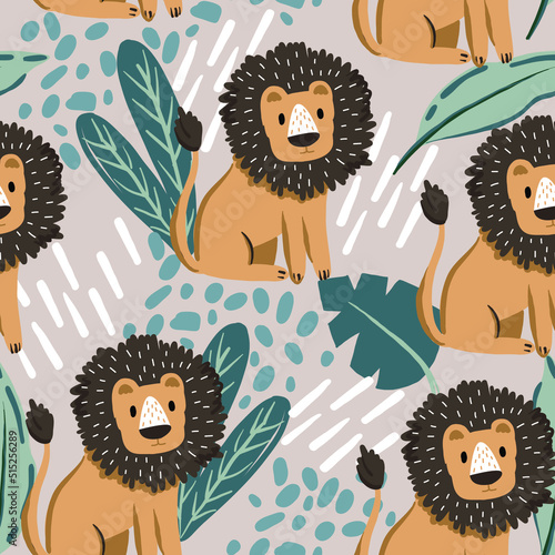 Seamless pattern with cute cartoon lion and tropical leaves. Background for textile, fabric, kids, clothes, stationery and other design.