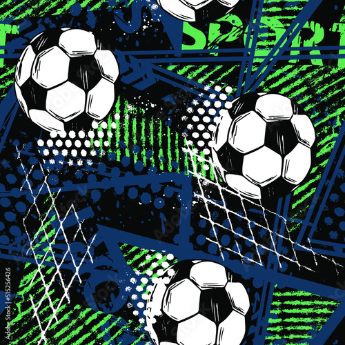 Abstract seamless geometric pattern with football. Grunge urban repeating background with soccer ball for textile, wrapping paper. 