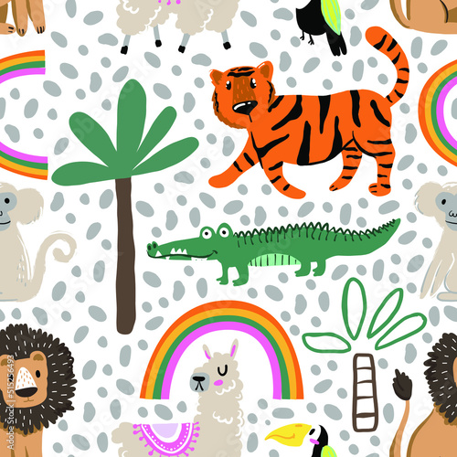 Seamless pattern with cartoon tropical animals - vector illustration, eps. Background for textile, fabric, stationary, clothes, kids, children and other design.