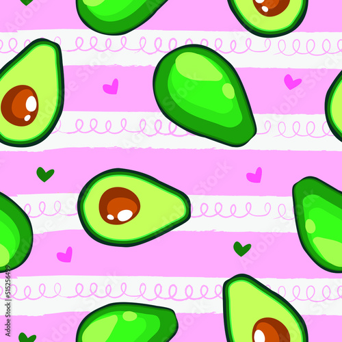 Tasty avocado in a cut, geometric seamless pattern on a pink striped background, vector. Pattern for printing on fabrics, textile and confectionery packaging, wallpaper and other