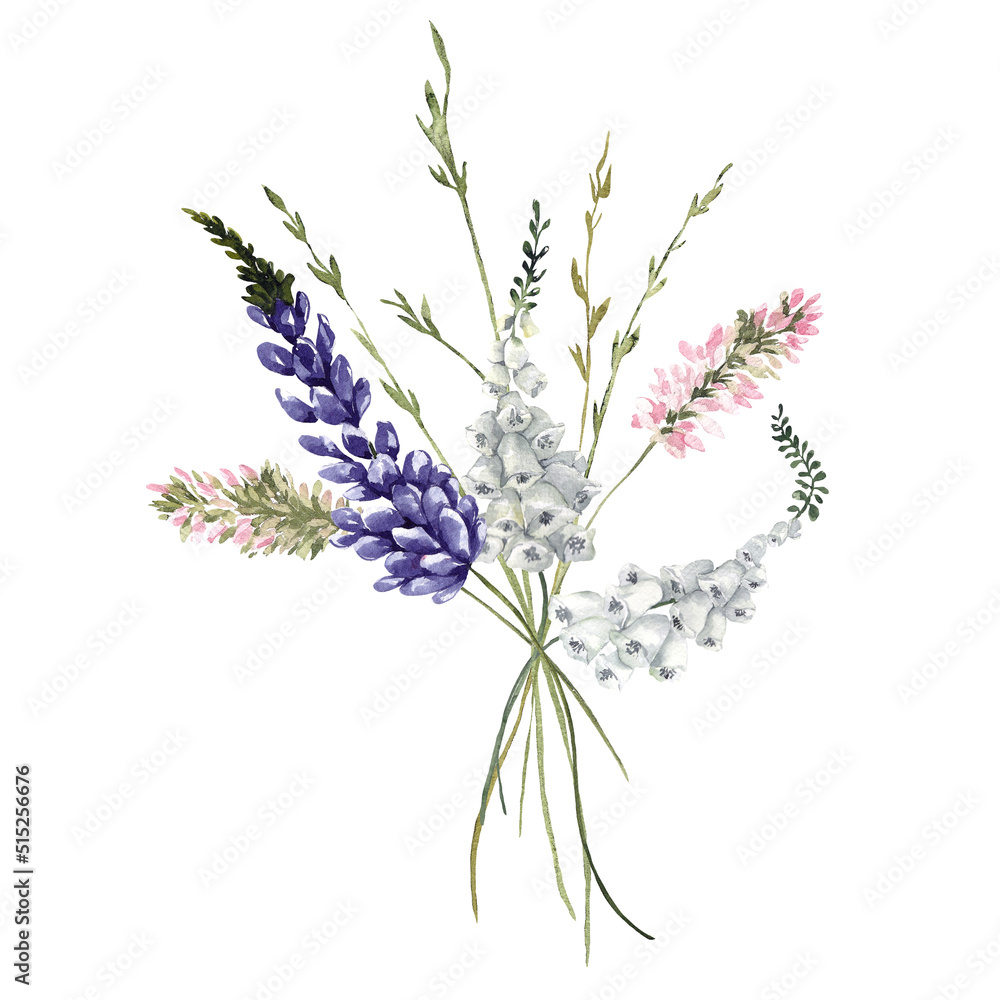 Watercolor illustration with wildflowers and herbs, floral bouquet, isolated on white background