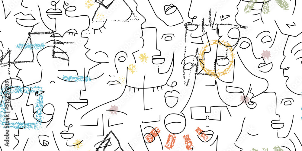 One line drawing. Abstract face seamless pattern. One line drawing. Abstract face seamless pattern.