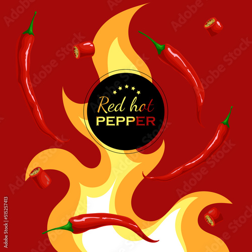 Red hot peppers banner design template. Flying red peppers on the burning red background. Whole and sliced peppers. Best for menu, package and flyers. Vector illustration.