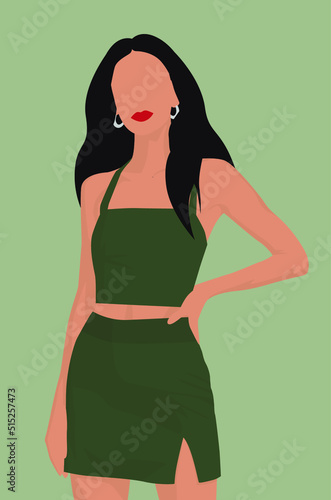 Vector flat image of a young girl with dark hair. Lady with red lips in a green skirt and T-shirt. Design for postcards, avatars, posters, backgrounds, templates, textiles, banners.