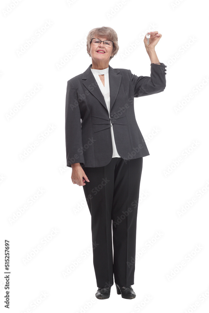 Happy mature woman with key on white background Happy mature woman with key on white background