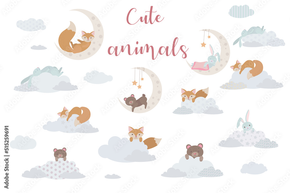 Set of cute animals on clouds and moon. Fox, bear cub and rabbit. Balloon. pastel shades. Vector illustration isolated on white background Set of cute animals on clouds and moon. Fox, bear cub and rabbit. Balloon. pastel shades. Vector illustration isolated on white background