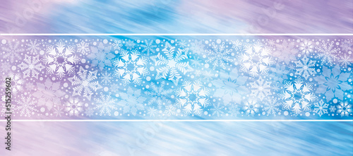 Elegant frosted white snowflake border against a purple and blue  motion blurred background. wide panoramic snowflake banner for social media. Winter wonderland scene.