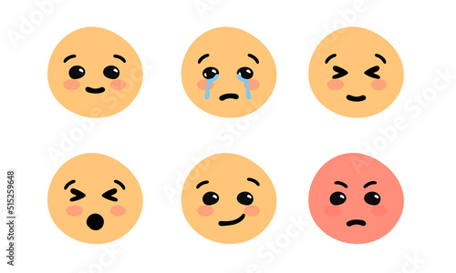 Set of Emoticons. Different emotions.  Cute emoji social network reactions icon. Yellow smilies, set smiley emotion