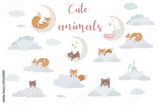 Set of cute animals on clouds and moon. Fox, bear cub and rabbit. Balloon. pastel shades. Vector illustration isolated on white background