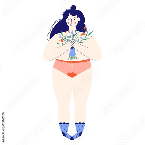 Woman with flowers suffering from stomachache, headache. Female regular menstrual cycle concept. Women period, menstruation, premenstrual syndrome, uterus. Hand draw vector illustrations.