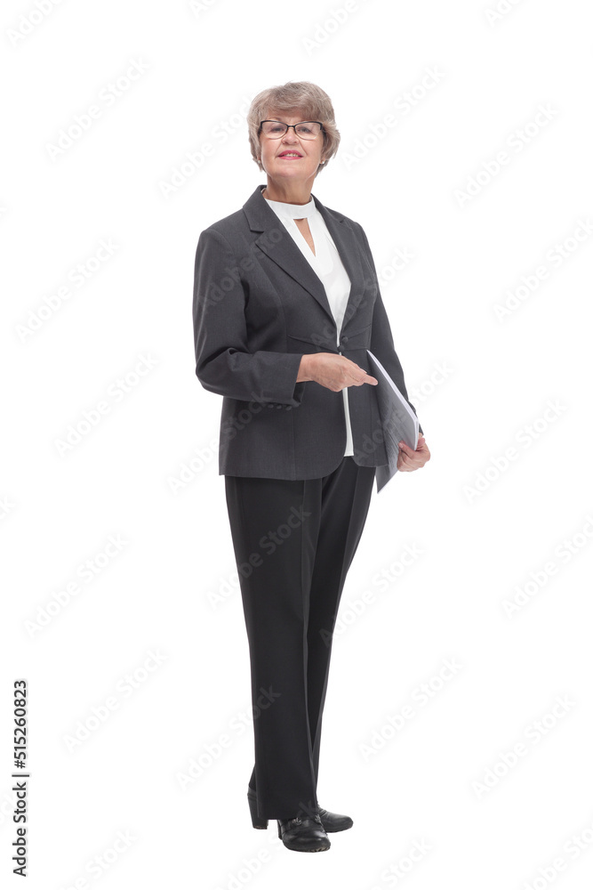 Senior happy businesswoman with financial documents