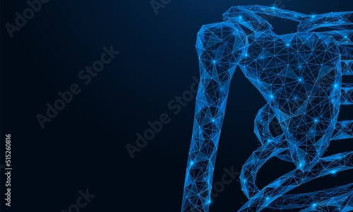 Shoulder joint and human ribs. Rear view. Polygonal design of interconnected lines and points. Blue background.