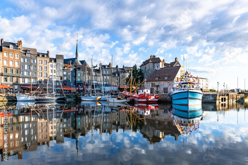Fotografija Honfleur, beautiful city in France, the harbor in the morning, reflection on the