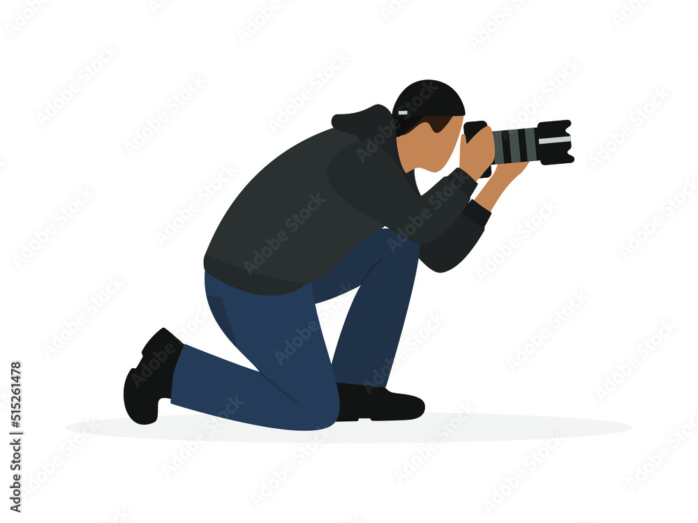 Male character with a camera in his hands on a white background Male character with a camera in his hands on a white background