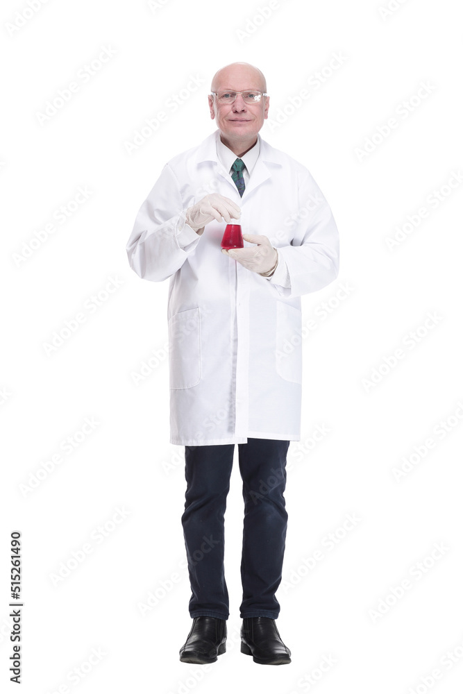 medical researcher with a laboratory flask. isolated on a white background. medical researcher with a laboratory flask. isolated on a white background.